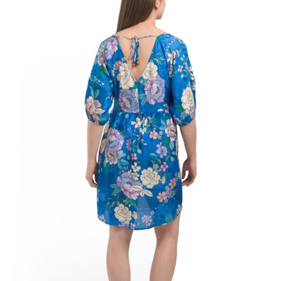 NWT Johnny Was Dove A-Line Cover-Up Blue Floral Pleated Tunic Dress Tie Front OS - Picture 2 of 2